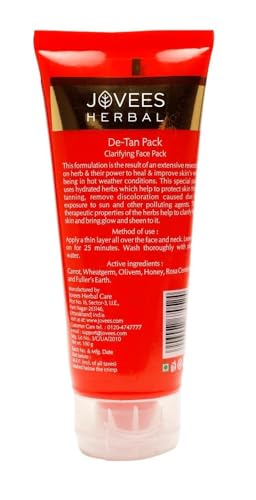 Jovees Herbal De-Tan Face Pack | Contains Wheat Germ and Carrot | For Tan Removal and Skin Revitalization | Bright and Glowing Skin | 100% Herbal | Paraben And Alcohol Free | 100gm